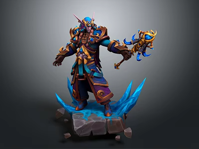 Fantasy Warrior Character With Ornate Armor Glowing Blue Weapon And Ice Creature On Stone Pedestal 3d model