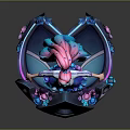 Futuristic Speaker Platform With Pink Haired Character Blue Outfit Wings And Microphone