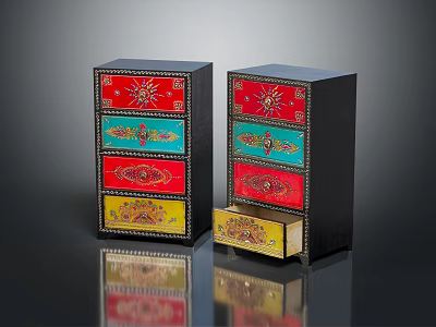 Colorful Decorative Chests of Drawers With Black Frames And Ornate Patterns Open Drawer Design 3d model
