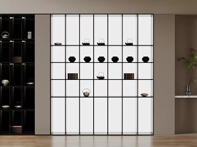 Modern Display Cabinet With Black Frame Glass Doors And Shelves Displaying Decorative Bowls 3d model