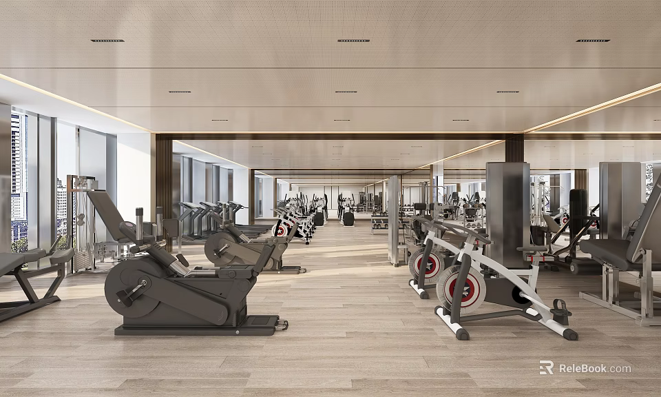 Spacious Gym Interior With Various Fitness Equipment 3d model 