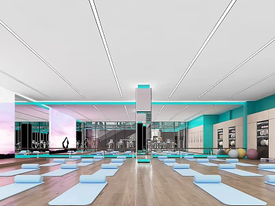 Modern Fitness Studio With Yoga Mats Mirror Walls Wooden Floor And Exercise Balls 3d model