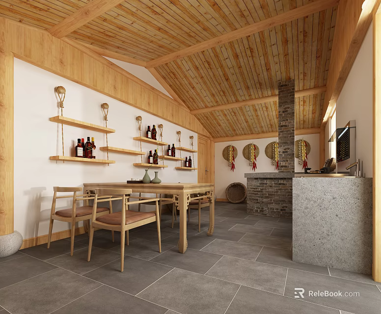 Rustic Kitchen with Wooden Ceiling White Walls Dining Table Stone Countertop Brick Chimney Lantern Decorations 3d model 