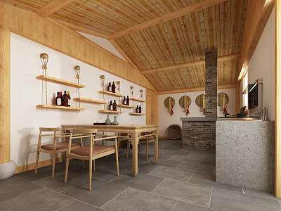 Rustic Kitchen with Wooden Ceiling White Walls Dining Table Stone Countertop Brick Chimney Lantern Decorations 3d model