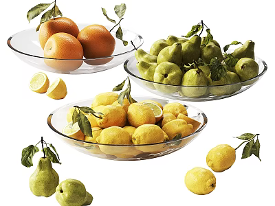Fresh Oranges Green Pears and Lemons in Glass Bowls with Scattered Fruits and Leaves 3d model