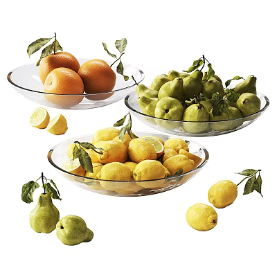 Fresh Oranges Green Pears and Lemons in Glass Bowls with Scattered Fruits and Leaves 3d model