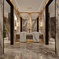 Modern Public Restroom Interior Design With Marble Walls Double Vanities Mirrors And Lighting Design
