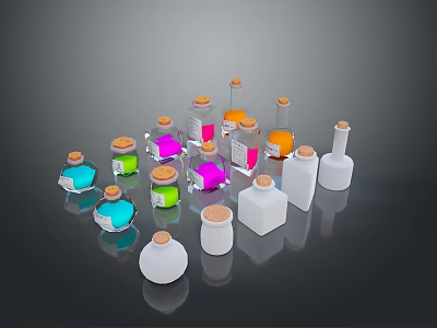 Colorful Glass Bottles Display With Colored Liquids Cork Stoppers Various Shapes 3d model