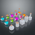 Colorful Glass Bottles Display With Colored Liquids Cork Stoppers Various Shapes