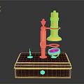 Golden Microscope Model On Brown Base With Drawer And Small Tool