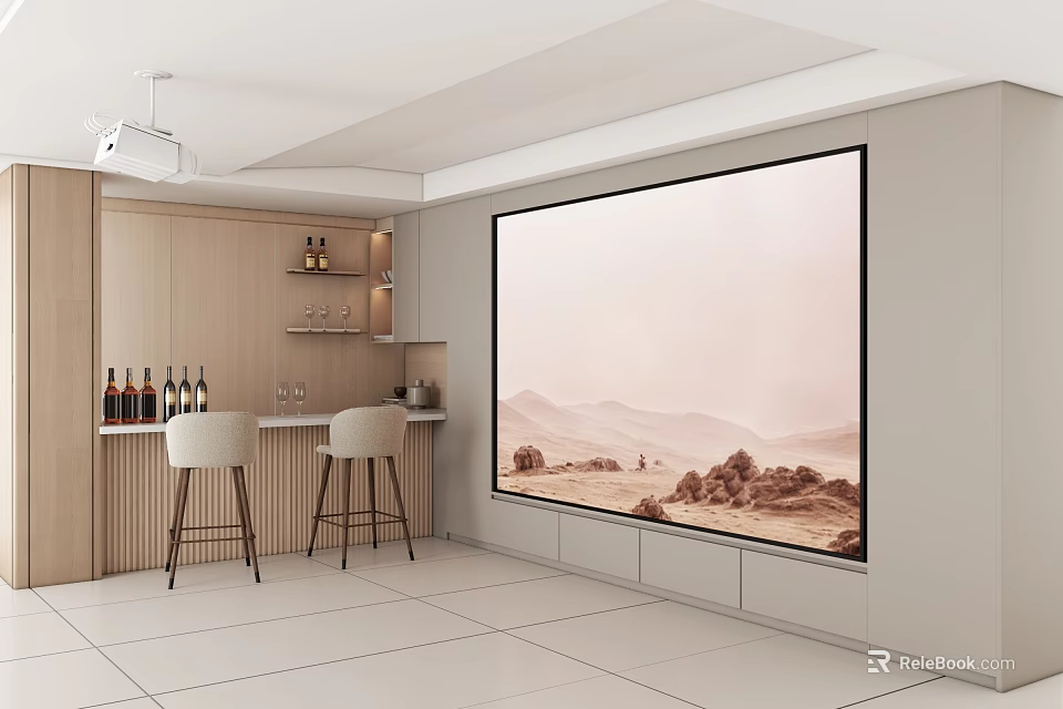 Modern Home Theater With Projection Screen And Bar Area 3d model 