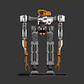 Orange And White Humanoid Robot With Red Eye Sensor Mechanical Limbs Standing On Display Platform