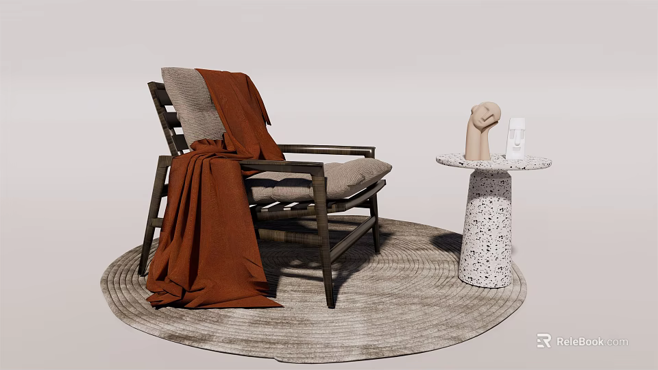 Lounge Chair With Wooden Frame Light Gray Cushion Brown Blanket On Round Woven Rug 3d model 