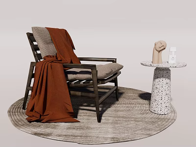 Lounge Chair With Wooden Frame Light Gray Cushion Brown Blanket On Round Woven Rug 3d model