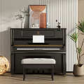 Elegant Black Piano and Art Supplies with Music Sheet Bench Decorative Painting and Green Plant