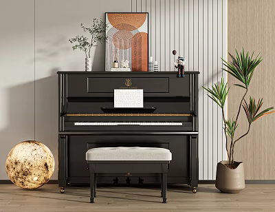 Elegant Black Piano and Art Supplies with Music Sheet Bench Decorative Painting and Green Plant 3d model