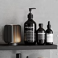 Bathroom Accessories Display On Modern Shelves With Skincare Bottles Soap Brush And Mirror