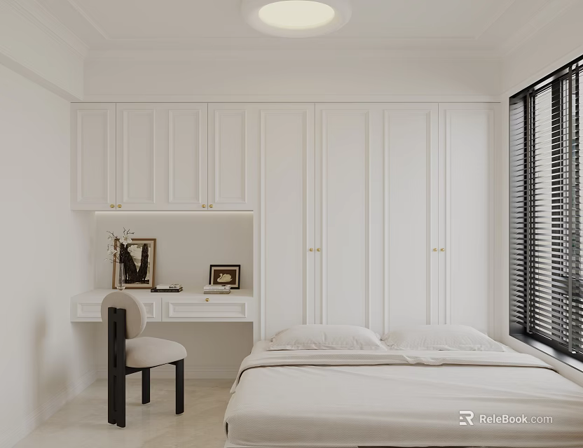 Minimalist White Tatami Bedroom Interior With Built in Cabinets Desk Chair And Window Blinds 3d model 
