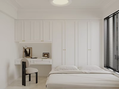 Minimalist White Tatami Bedroom Interior With Built in Cabinets Desk Chair And Window Blinds 3d model