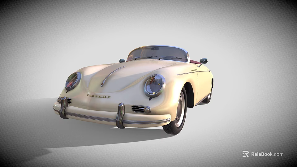 Porsche Vintage Cream Colored Convertible Car With Classic Front Grille And Round Headlights 3d model 