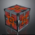 Red Geometric Cube Structure With Square Patterns And Metal Frame Accents