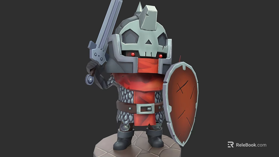 Chibi Cartoon Knight Character With Skull Helmet Red Cape Sword And Shield 3d model 