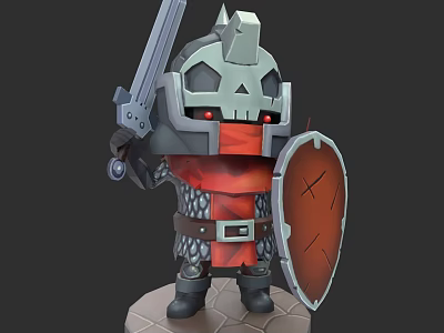 Chibi Cartoon Knight Character With Skull Helmet Red Cape Sword And Shield 3d model