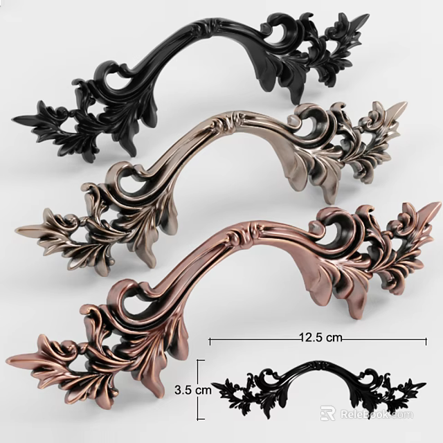 Decorative Furniture Handles with Black and Copper Ornate Leaf Carvings 12.5cm Size for Cabinets 3d model 