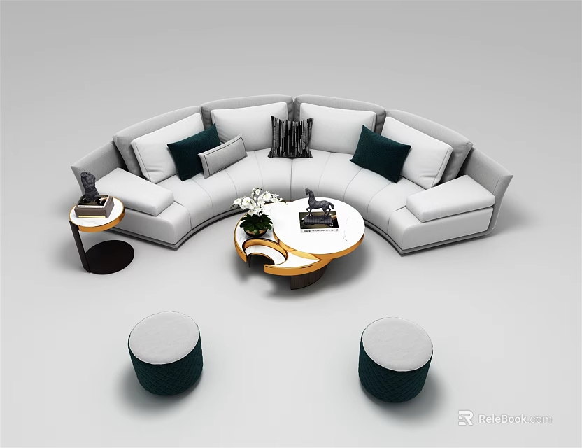 Circular White Sofa With Dark Cushions Round Coffee Table Gold Frame And Small Dark Stools 3d model