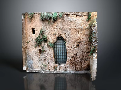 Rustic Casement Window With Iron Grille On Old Stone Wall And Green Plants 3d model