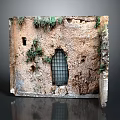 Rustic Casement Window With Iron Grille On Old Stone Wall And Green Plants
