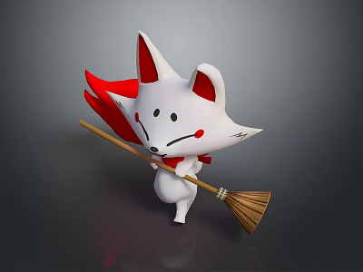 Cute 3D White Fox Game or Movie Character with Red Ears Cheek Marks Holding Broom 3d model
