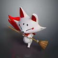 Cute 3D White Fox Game or Movie Character with Red Ears Cheek Marks Holding Broom