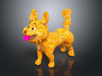 Plush Yellow Dog Toy With Upright Ears Curly Tail Pink Tongue And Pendant On Black 3d model