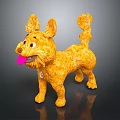 Plush Yellow Dog Toy With Upright Ears Curly Tail Pink Tongue And Pendant On Black