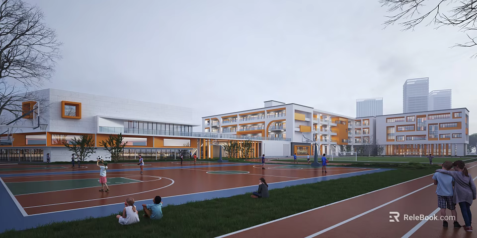 Modern School Building Exterior With Track Field Basketball Court And Students In Outdoor Sports Area 3d model 