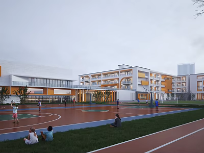 Modern School Building Exterior With Track Field Basketball Court And Students In Outdoor Sports Area 3d model