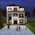 Two Story Detached Villa with Front Lawn Green Trees and People Walking Pathway