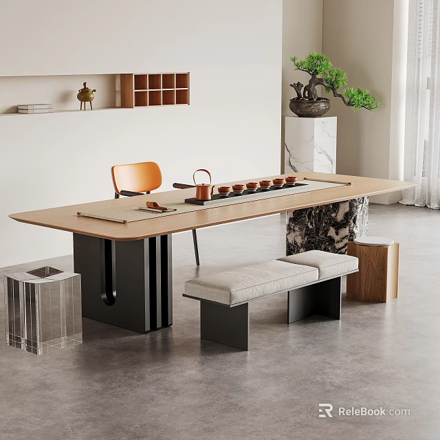 Modern Tea Table With Wooden Top Black Legs Orange Chair Gray Bench And Tea Set 3d model 