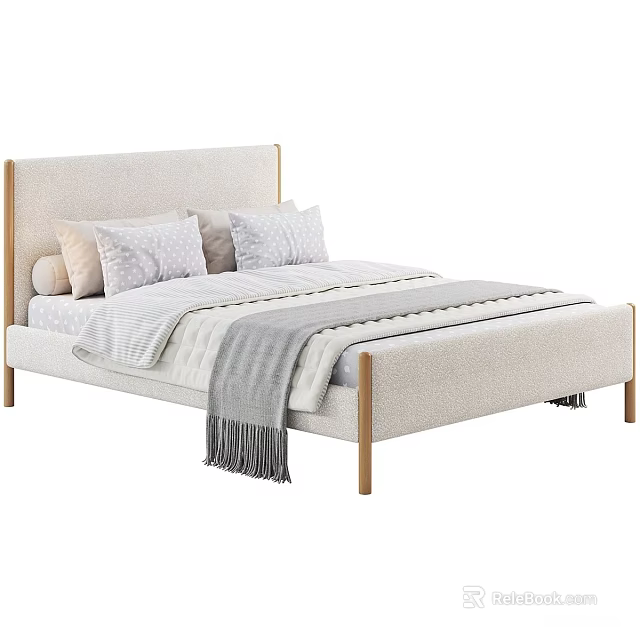 Modern Upholstered Double Bed With Wooden Legs Pillows And Throw Blanket 3d model 