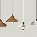 Modern Design Pendant Lights with Wooden Metal Details and Various Shapes Hanging in Minimalist Space