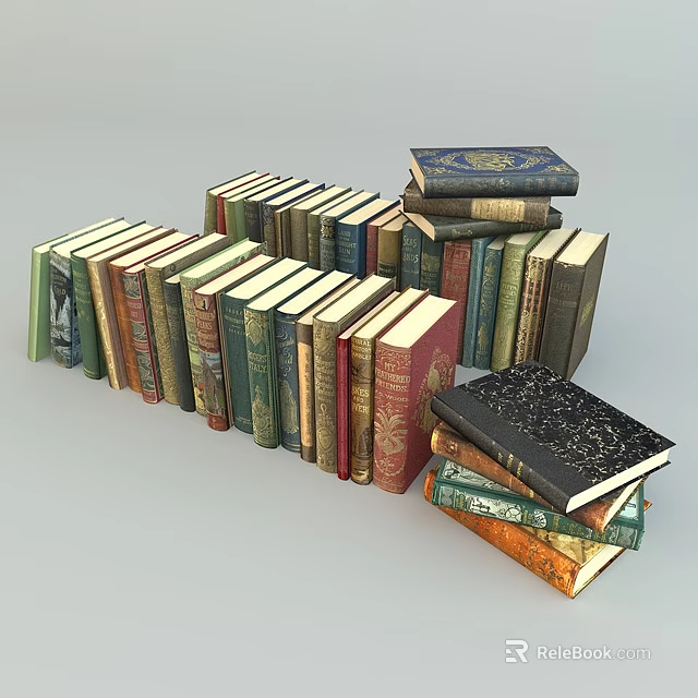 Vintage Books Collection With Colorful Covers Stacked And Arranged In Various Styles 3d model 
