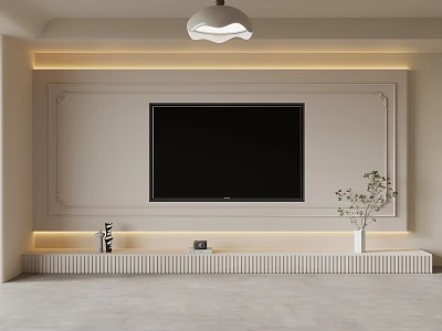 Modern TV Background Wall Design With Decorative Frame LED Strip Lighting And Console Table 3d model