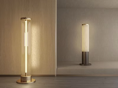 Modern Floor Lamp With Gold Base Transparent Lampshade And Warm Light In Interior 3d model