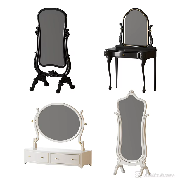 Decorative Mirrors in Black and White Designs with Carved Stands and Dresser Bases 3d model 