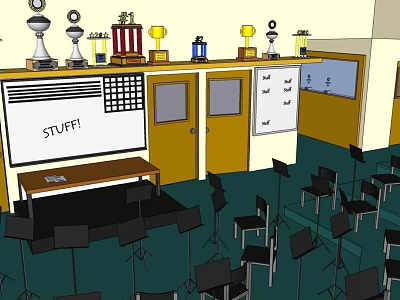 Meeting Room With Podium Whiteboard Trophies On Shelf Chairs Double Doors And Windows 3d model
