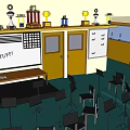 Meeting Room With Podium Whiteboard Trophies On Shelf Chairs Double Doors And Windows