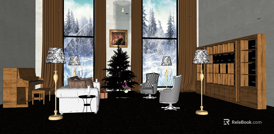 Modern Living Room Sofa Coffee Table Set With Christmas Tree Snowy Window And Floor Lamps 3d model 