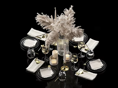 Elegant Modern Dinnerware Set With Plates Wine Glasses Candle Holders White Decorative Plants And Napkins 3d model