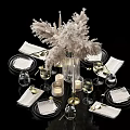 Elegant Modern Dinnerware Set With Plates Wine Glasses Candle Holders White Decorative Plants And Napkins
